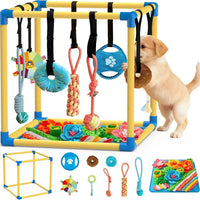 Indoor Puppy Play Gym - Agility Training and Enrichment Aid with Snuffle Mat, Eight Hanging Toys, Durable PVC Frame, and Stretchy Velcro Rope for Small Dogs