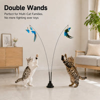2-In-1 Interactive Cat Toy with Super Strong Suction Base, Dual Mode Hands-Free Wand & 4 Pack Colorful Feather Birds for Solo & Bonding Play