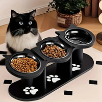 3 Bowl Elevated Cat Feeder with Food Water & Treat Bowls, 15° Tilted Raised Cat Bowl Stand with Detachable Stainless Steel Bowls, Anti-Slip Base, Ergonomic Design Reduces Neck Strain, Easy Clean Stable Pet Feeding Station