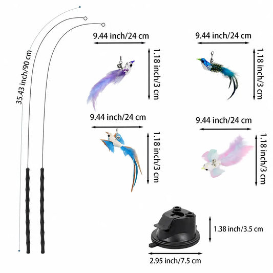 2-In-1 Interactive Cat Toy with Super Strong Suction Base, Dual Mode Hands-Free Wand & 4 Pack Colorful Feather Birds for Solo & Bonding Play