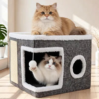 Large Cat Bed for Indoor Cats, Soft Foldable Cat Cave Hideaway for Kittens & Adult Cats with Sisal Scratch Pad & Hanging Fluffy Ball, 16.5"X16.5"X14", Grey