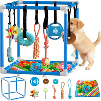 Indoor Puppy Play Gym - Agility Training and Enrichment Aid with Snuffle Mat, Eight Hanging Toys, Durable PVC Frame, and Stretchy Velcro Rope for Small Dogs