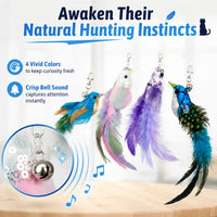 2-In-1 Interactive Cat Toy with Super Strong Suction Base, Dual Mode Hands-Free Wand & 4 Pack Colorful Feather Birds for Solo & Bonding Play