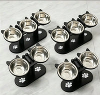 3 Bowl Elevated Cat Feeder with Food Water & Treat Bowls, 15° Tilted Raised Cat Bowl Stand with Detachable Stainless Steel Bowls, Anti-Slip Base, Ergonomic Design Reduces Neck Strain, Easy Clean Stable Pet Feeding Station