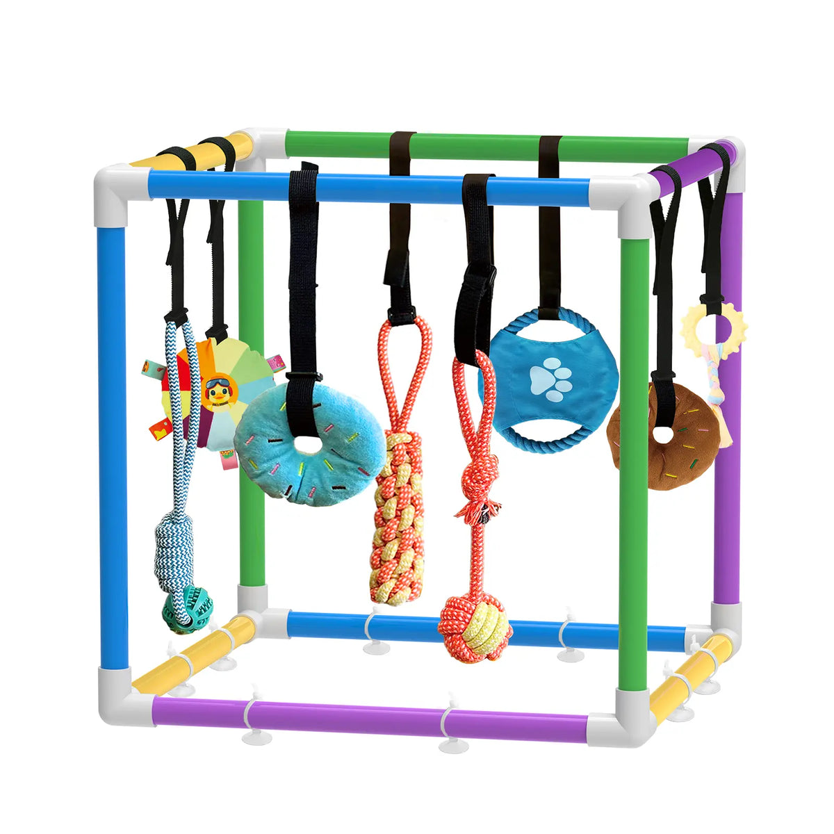 Indoor Puppy Play Gym - Agility Training and Enrichment Aid with Snuffle Mat, Eight Hanging Toys, Durable PVC Frame, and Stretchy Velcro Rope for Small Dogs